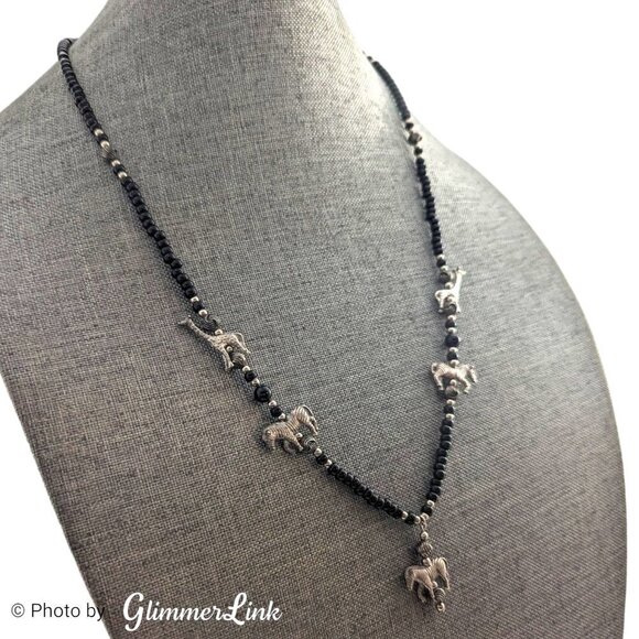 Bohemian Tribal Zebra & Giraffe Charm Black Beaded Silver Tone Necklace - Picture 3 of 8